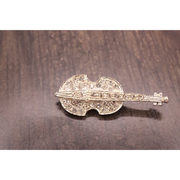 Violin Pin Brooch Rhinestones Lapel Hat Musical Instrument Jewelry Musician Vtg - Picture 2 of 10